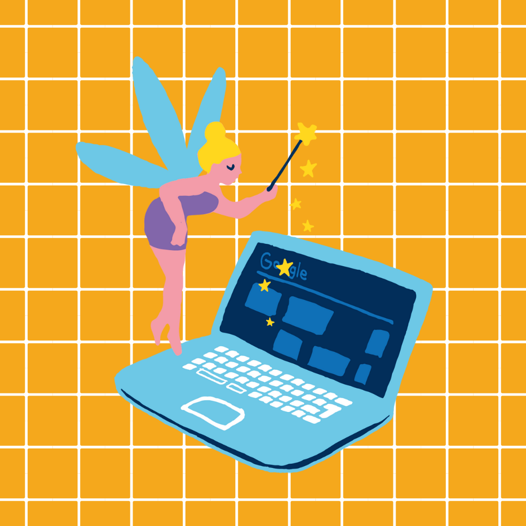 Fairy with wand hovering over laptop on yellow grid background