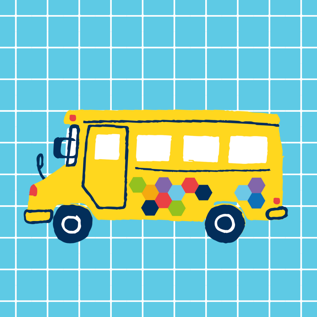 Yellow bus with The Kids' Cancer Project logo on blue grid background