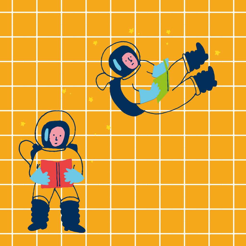 illustration of astronauts reading books on orange background with grid lines